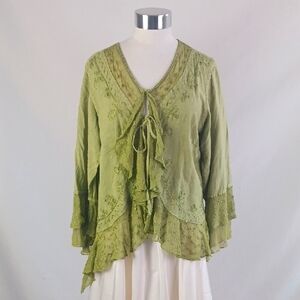 Vtg Gr Embr Tie Front Jacket/ Blouse